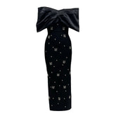 Elegant Ladies Bow Rhinestone Bandage Evening off Shoulder Dress